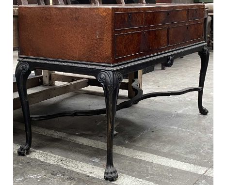 UNUSUSAL 19TH C. BURR WALNUT OR AMBOYNA FIVE-DRAWER CABINET, ebonised base with scroll headded cabriole legs, paw feet and wa
