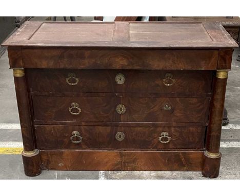 FRENCH EMPIRE STYLE MAHOGANY CHEST, concealed frieze drawer above three further drawers, with gilt metal mounted outset colum