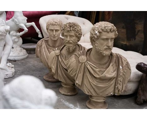 THREE DECORATIVE BUSTS OF ROMAN EMPERORS AFTER THE ANTIQUE, including 'Septimus Severus' and 'Hadrian', and all similarly pai