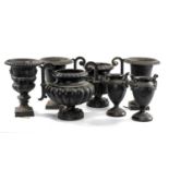ASSORTED CAST METAL URNS, including pair decorated in the Greek taste, with twin mask handles, 27cms
