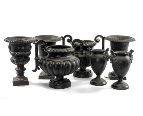 ASSORTED CAST METAL URNS, including pair decorated in the Greek taste, with twin mask handles, 27cms (h) (7)Provenance: The C