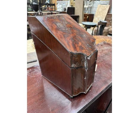 GEORGE III MAHOGANY & EBONY STRUNG KNIFE BOX, containing mixed group of associated EPNS cutlery and flatware, 41 (h)Comments: