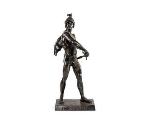 AFTER EMILE LOUIS PICAULT BRONZE FIGURE of 'Honor Patria', the Roman drawing his sword, tilted plinth base, 80cms (h)Provenan