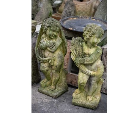 PAIR OF MOULDED CONCRETE ALLEGORICAL FIGURES OF THE SEASONS, modelled as putti with wheat sheaves and draped cowl, allegorica