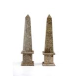 PAIR GRAND TOUR STYLE VARIEGATED BROWN MARBLE OBELISKS, grated bases and plinths, 57cms (h) (2)