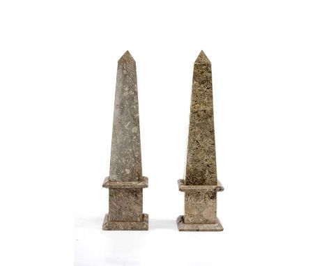 PAIR GRAND TOUR STYLE VARIEGATED BROWN MARBLE OBELISKS, grated bases and plinths, 57cms (h) (2)Provenance: The Cornelia Bayle