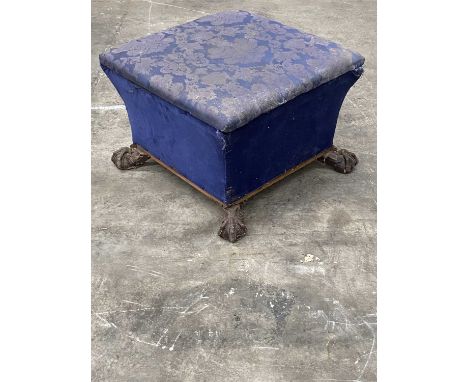 19TH C. TAPERING SQUARE OTTOMAN, upholstered in blue fabric, claw and ball feet, 45 (h) x 64 (w) x 64cms (d)Comments: two bas