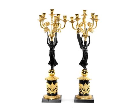 PAIR EMPIRE STYLE PARCEL GILT BRONZE CANDELABRA, five acanthus scrolled branches supported by winged female figure columns, s