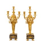 PAIR EMPIRE STYLE FIGURAL THREE-BRANCH CANDELABRA, standing females supporting scrolled candle