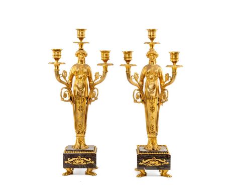PAIR EMPIRE STYLE FIGURAL THREE-BRANCH CANDELABRA, standing females supporting scrolled candle sconces, gilt metal mounted sl