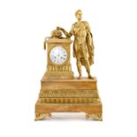 EMPIRE STYLE GILT BRONZE & YELLOW MARBLE FIGURAL MANTEL CLOCK, Roman Centurion or Emperor surmount
