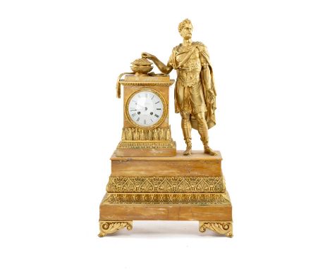 EMPIRE STYLE GILT BRONZE & YELLOW MARBLE FIGURAL MANTEL CLOCK, Roman Centurion or Emperor surmount besite altar, on stepped e