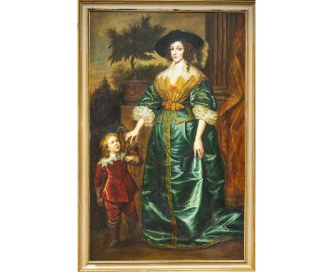 FRANCO TOSCANA oil on canvas – reproduction portrait of Queen Henrietta Maria and Sir Jeffrey Hudson after Van Dyck, signed, 