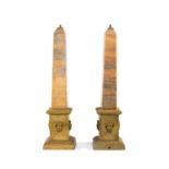 PAIR EMPIRE STYLE ORANGE MARBLE TABLE LAMPS, modelled as obelisks, on gilt metal plinth bases