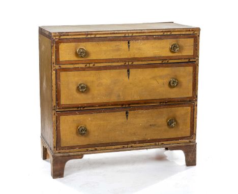 19TH PAINTED PINE CHEST, three graduated drawers, bracket feet, 88 (h) x 92 (w) x 46cms (d)Comments: wear and scuffs overall,