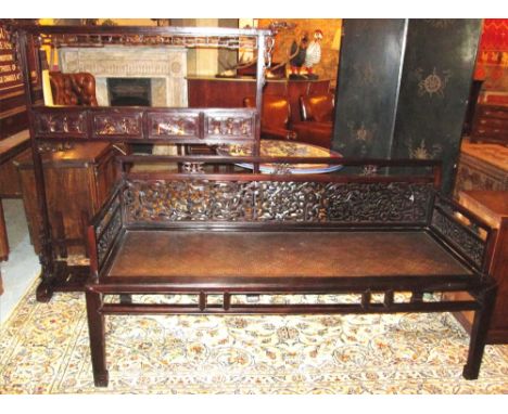 BENCH, 20th century Chinese hardwood with rattan seat, 171cm x 62cm and a Chinese lacquer and gilded robe stand, 151cm H x 15