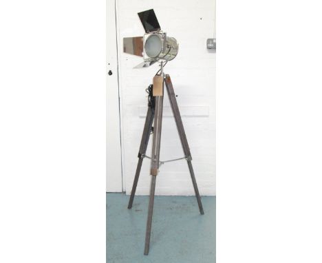 STUDIO LAMP, plated metal on adjustable tripod stand, electric leads and switch etc, 140cm H.