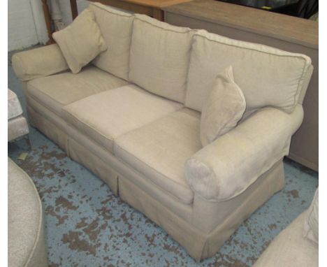 SOFA, three seater, in neutral fabric on block supports with two scatter cushions, 190cm L. (with faults)