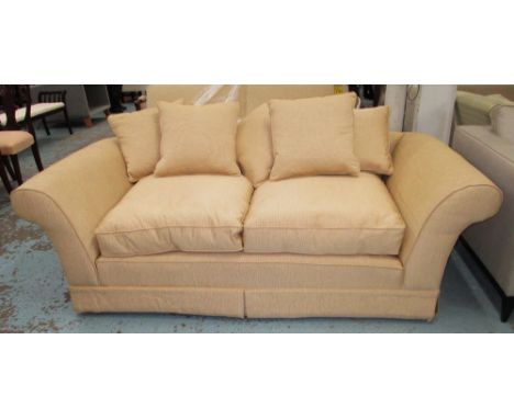 SOFA, two seater, in ribbed champagne fabric with splayed arms plus five cushions, 208cm L.