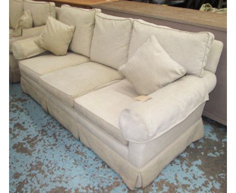 SOFA, three seater, in neutral fabric on block supports with two scatter cushions, 190cm L. (with faults)