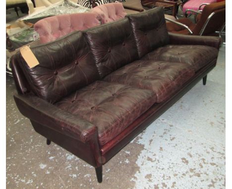 DANISH SOFA, three seater, 1960s feather filled in dark brown leather on turned supports, 182cm L.