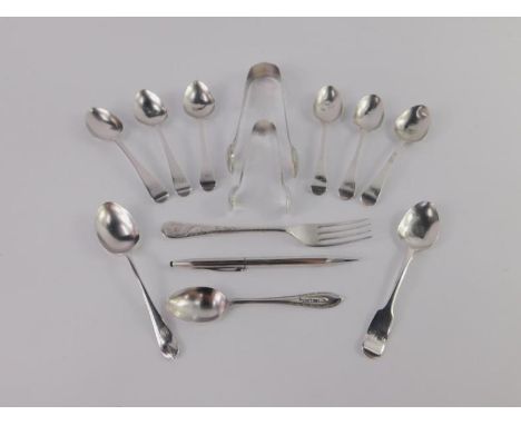 A pair of Victorian silver sugar tongs, Exeter 1837, further pair of tongs, George V silver child's fork, Sheffield 1916, fiv