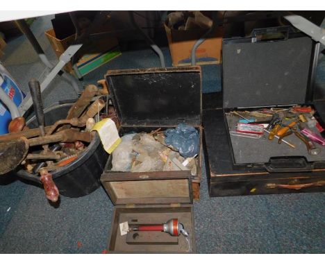 A Desoutter air grinder, type 04, boxed, and sundry boxes and tins of tools.