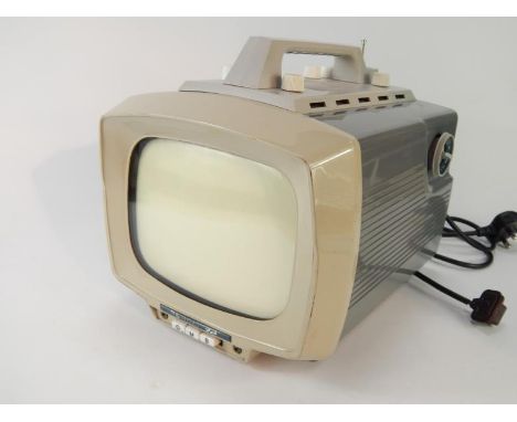 A Perdio Electronics Ltd Portarama MK2 television, grey and light brown plastic casing.