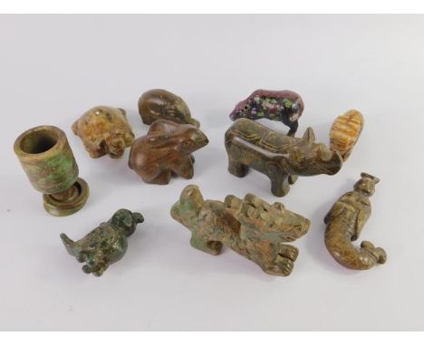 Chinese jade and other hard stone carvings, including a rhinoceros, merman, rabbit and dragons, (10).520.