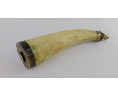 A 19thC horn and brass mounted shot flask, 32cm long.