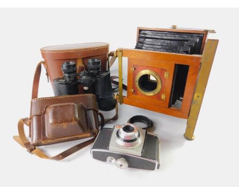 A Thornton Pickard mahogany cased plate camera, Kodak Colorsnap 35 camera, plate camera lens, and a pair of Yashica 8X40 fiel