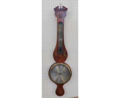 A mahogany wheel barometer by Peter Ramas, with thermometer, the case with floral and shell paterae inlay, 100cm long.