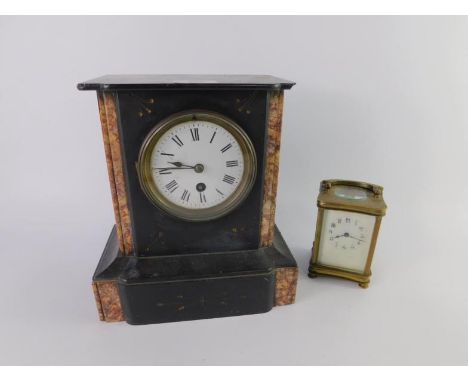 A late 19thC brass cased carriage clock, enamel dial bearing Arabic numerals, 8cm x 7cm x 12cm, together with a Victorian sla