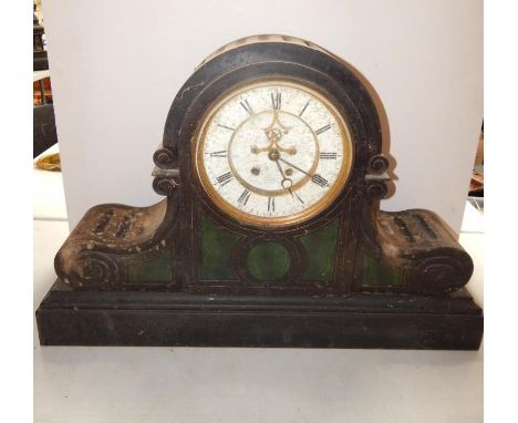 A Victorian mantel clock by T A Simpson & Co, London, in a black slate case inset with malachite and with gilt outlines, with