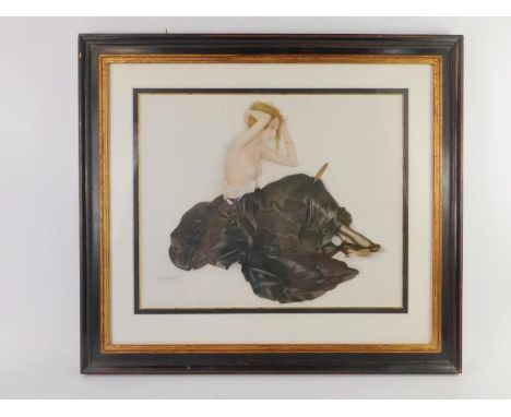 Leo Mouton (Fr 1884-1965). Semi nude woman adjusting her hair in a hand mirror, lithograph, 34.5cm x 42.5cm. 
