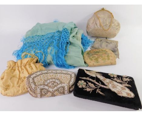 A Chinese embroidered silk shawl, Indian black velvet and wire work evening bag, four further bags and a chain mail evening b