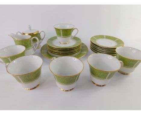 A Noritake porcelain part tea service decorated in the Eroica pattern, comprising bread plate, cream jug, sucrier, six cups, 