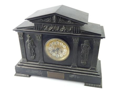 A French black slate portico shaped mantel clock, with metal mounts, cast with putti, Neo Classical figures, etc, the part gi