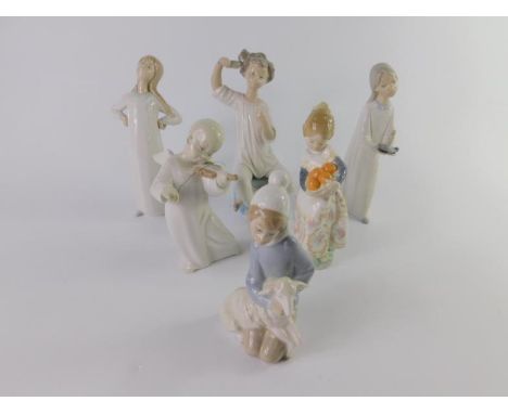 Six Lladro porcelain figures, comprising girl with oranges, kneeling girl with lamb, girl with chamber stick, girl with her h