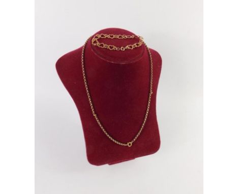 A belcher chain, on a bolt ring clasp, stamped 9ct, and a yellow metal heart link bracelet, marked 9ct, 9.5g. 