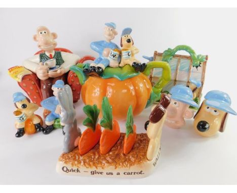 Border Fine Arts Wallace & Gromit kitchenwares, comprising Wallace in armchair teapot, pumpkin teapot, salt and pepper pots, 