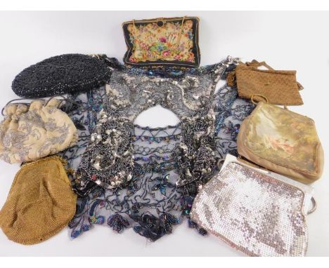 Two early 20thC black lacework and bead work collars, gilt chain mesh evening bag and six Victorian and later evening bags, (