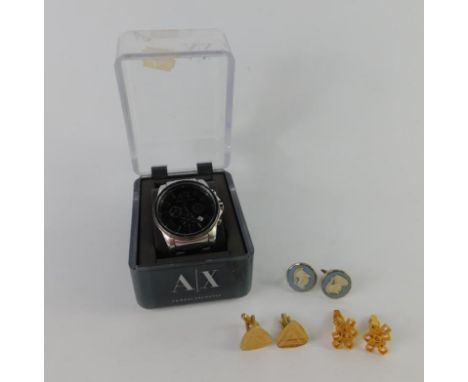 An Armani Exchange gentleman's chronograph wristwatch, stainless steel, AX2084, boxed, pair of Pierre Balmain gold plated cuf