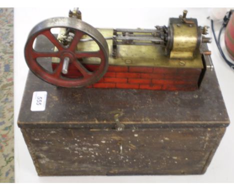A WELL ENGINEERED SCALE MODEL OF "THE RATTLER" LIVE STEAM BEAM ENGINE WITH LARGE FLY WHEEL MOUNTED ON ITS OWN WOODEN PLYNTH. 