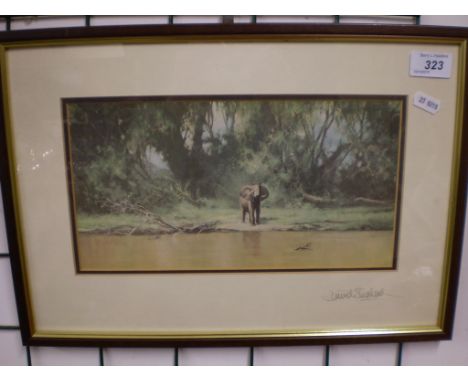 DAVID SHEPHERD PRINT OF ELEPHANT AT STREAM SIGNED FRONT AND DEDICATION ON VERSO (42 X 32 CM) 