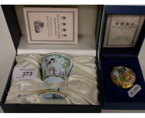 HALCYON DAYS ANIMAL THEMED CHRISTENING SET AND ENAMEL TIN