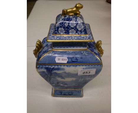 BLUE AND WHITE ORIENTAL LIDDED VASE WITH GILT TRIM BY A J WILKINSON LTD (A/F)