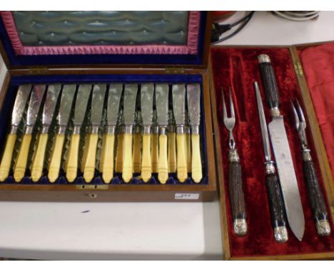 BOXED 24 PIECE SILVER PLATED FISH KNIFE AND FORK SET BY WALKER & HALL PLUS BOXED CARVING SET BY GRAHAM & MORTON STIRLING