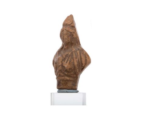 SMALL ANCIENT ROMAN TERRACOTTA BUST OF THE GODDESS VESTA,circa 2nd/3rd century A.D., excavated in Italy, 6cm high, with stand