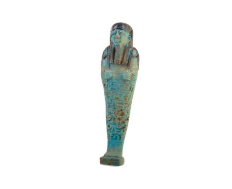 ANCIENT EGYPTIAN SAITE PERIOD FAIENCE USHABTI,26th Dynasty, circa 664-525 B.C., the body inscribed with six horizontal lines 
